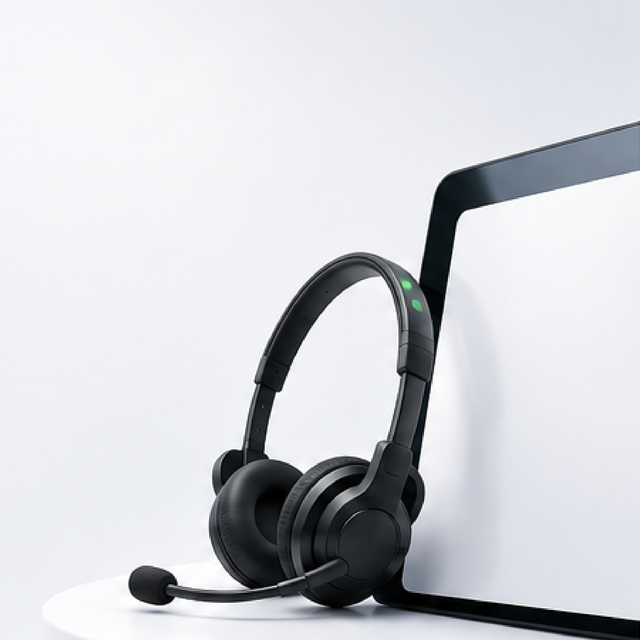 Black office headset with boom mic beside a laptop on a white background