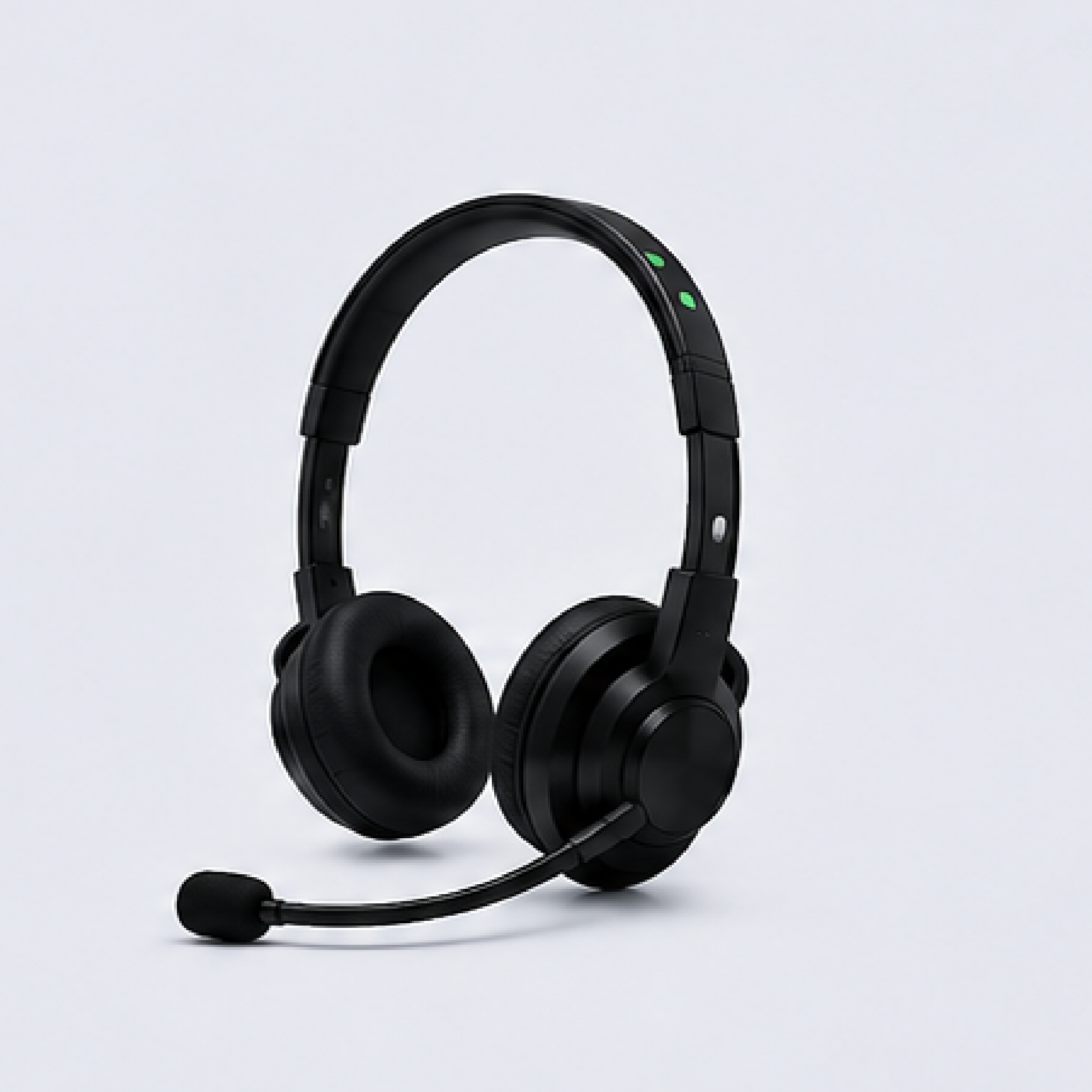 Black over-ear headset with boom microphone on a light background