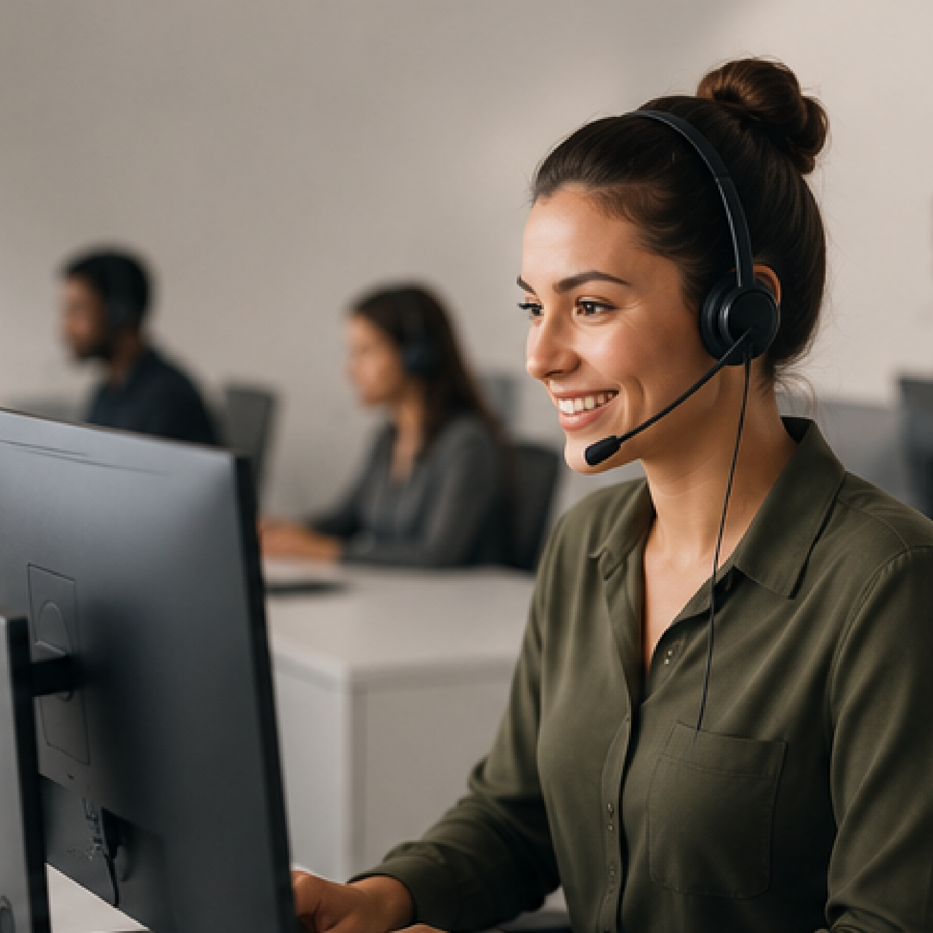 Woman wearing a headset smiling at a desktop computer in an office call center