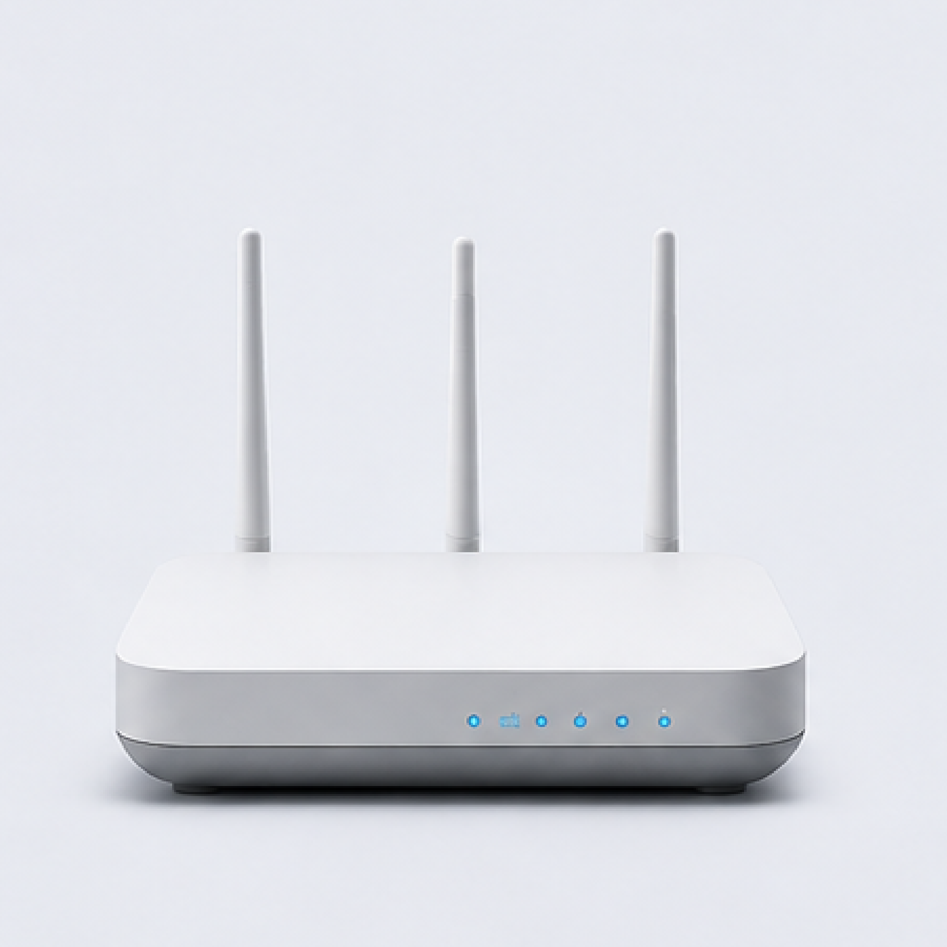 White Wi‑Fi router with three antennas and blue indicator lights on a plain background