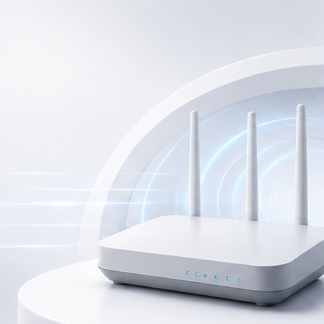 White wireless router with four antennas on a light background