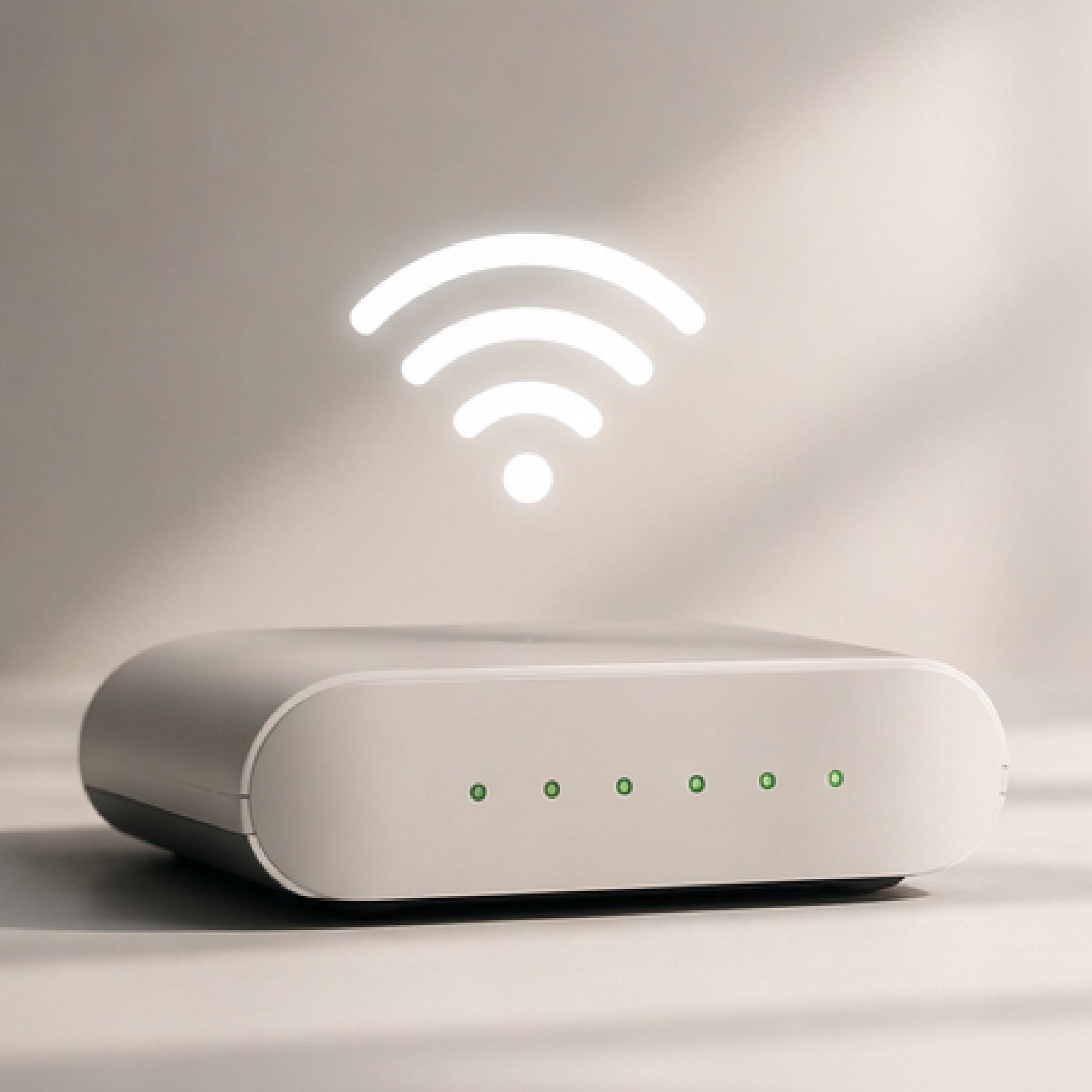White Wi‑Fi router with green lights on a beige surface, with a glowing wireless signal icon above it