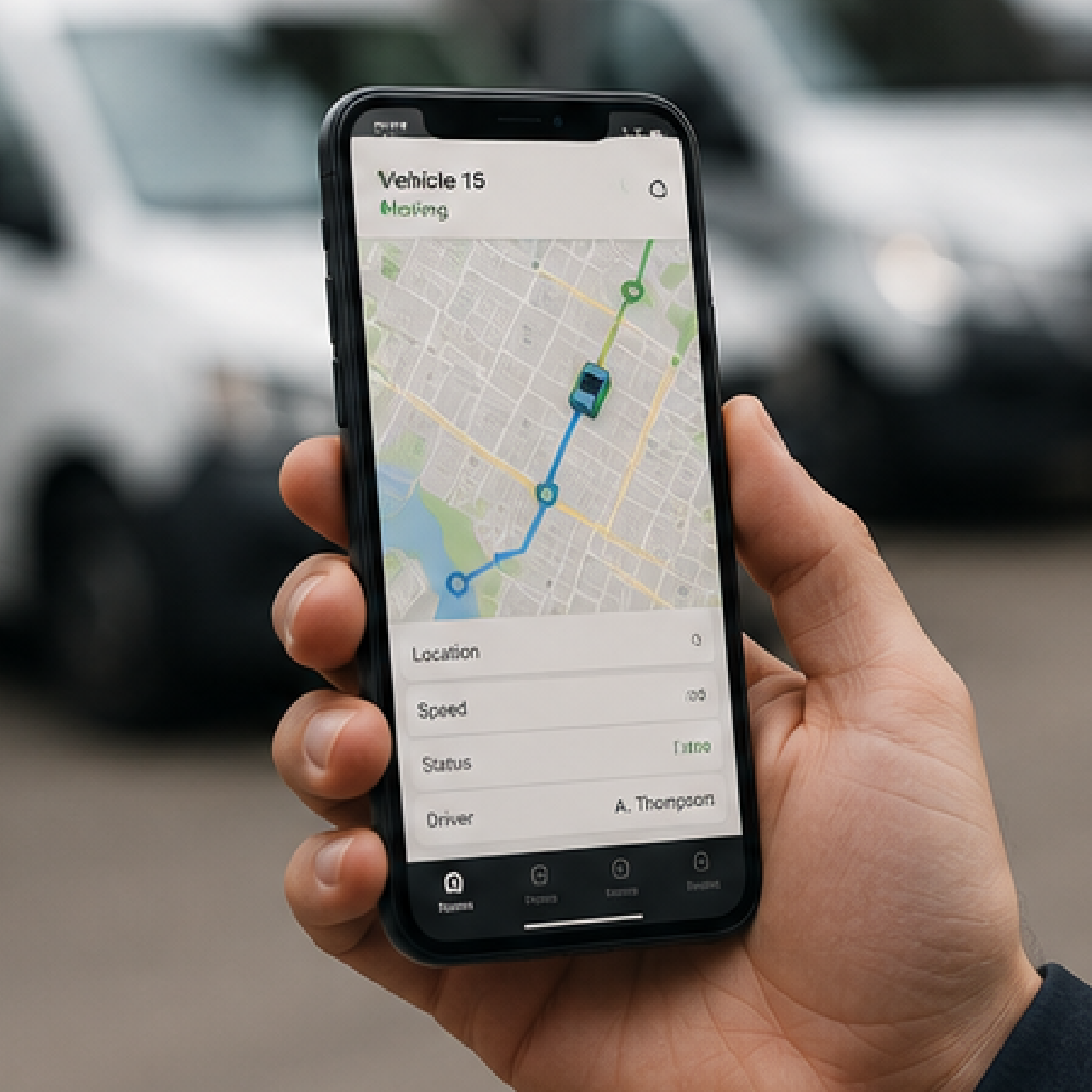 Hand holding a smartphone showing a vehicle tracking app with a map and route line