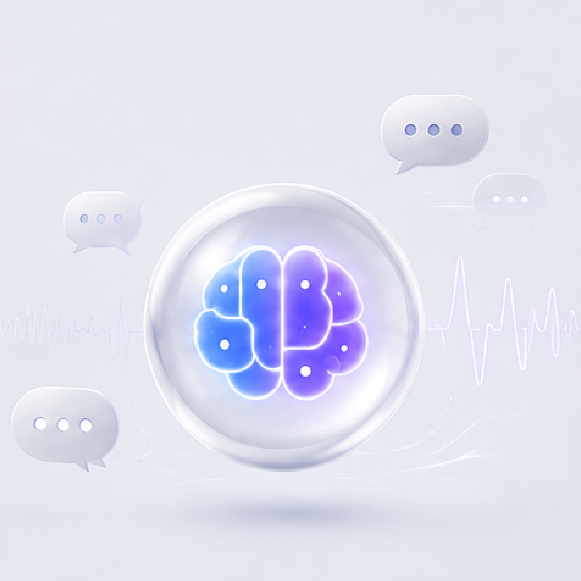 Glowing blue AI brain in a glass orb, with chat bubbles and waveform icons on a white background