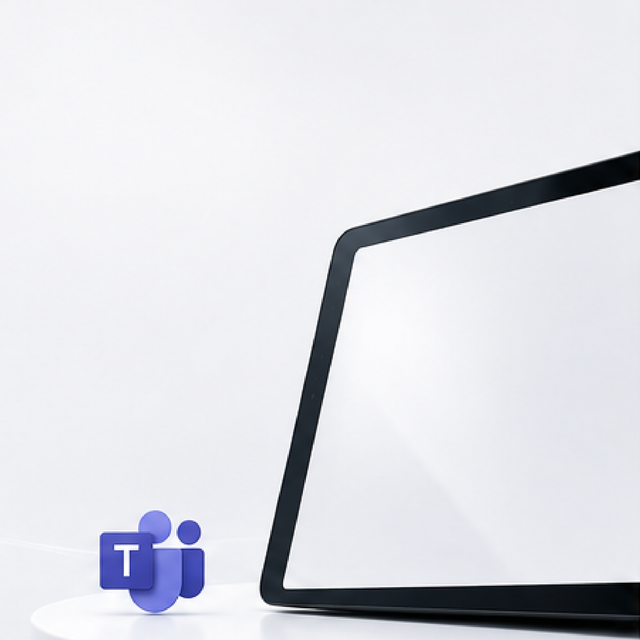 Microsoft Teams logo beside a laptop screen on a white background