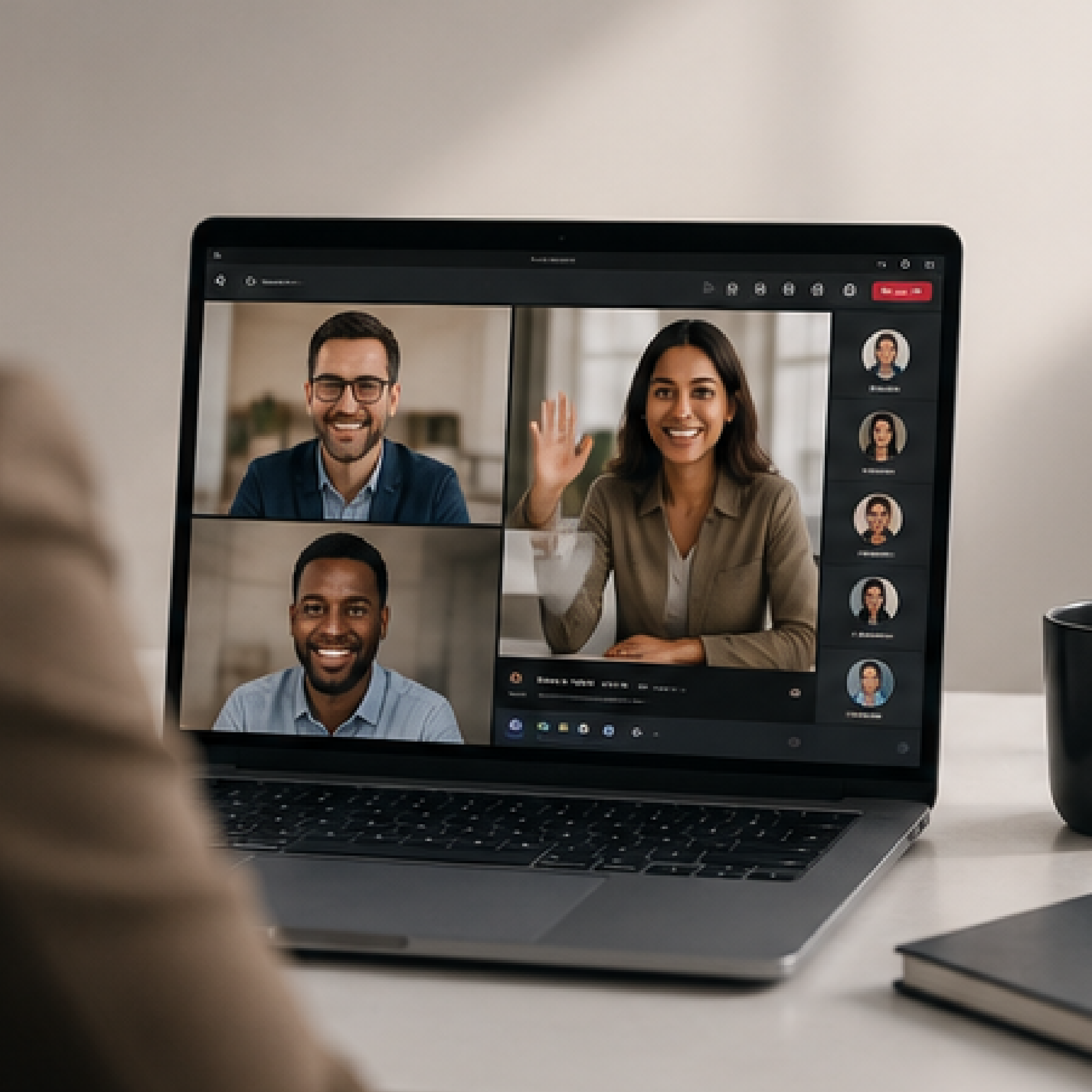 Video conference on a laptop screen showing three participants, one waving, in a modern office setting