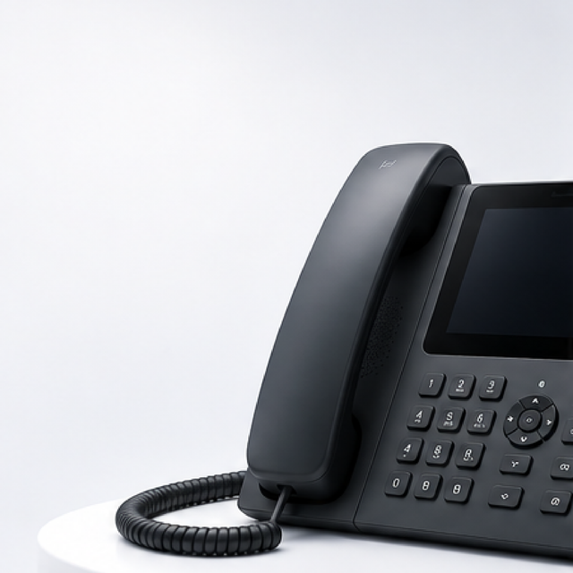 Black office desk phone with handset, keypad, and coiled cord on a white background