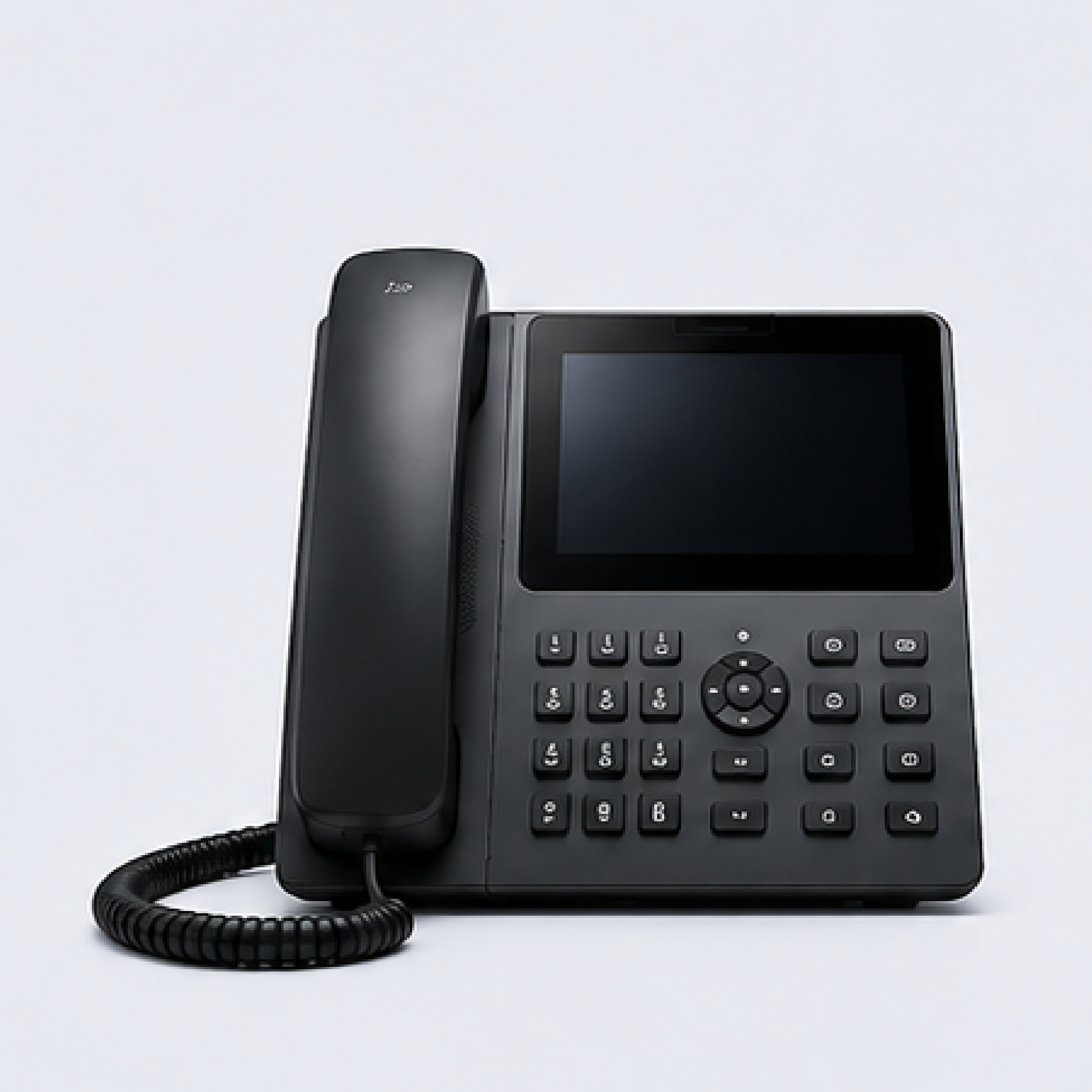 Black office desk phone with handset, keypad, and coiled cord on a light background