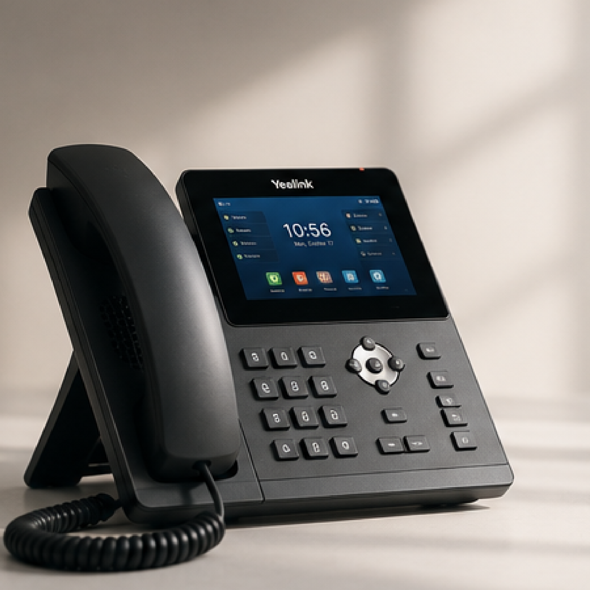 Black VoIP desk phone with lit touchscreen and keypad on a table