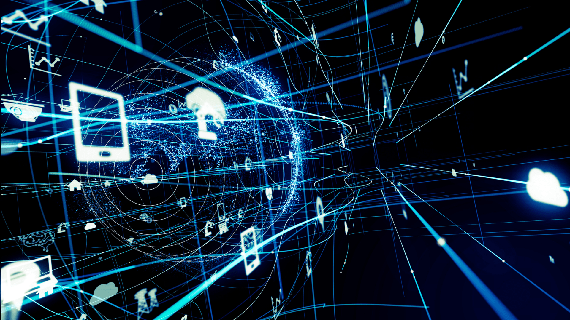 Abstract blue digital network with glowing lines, icons, and data connections on a dark background