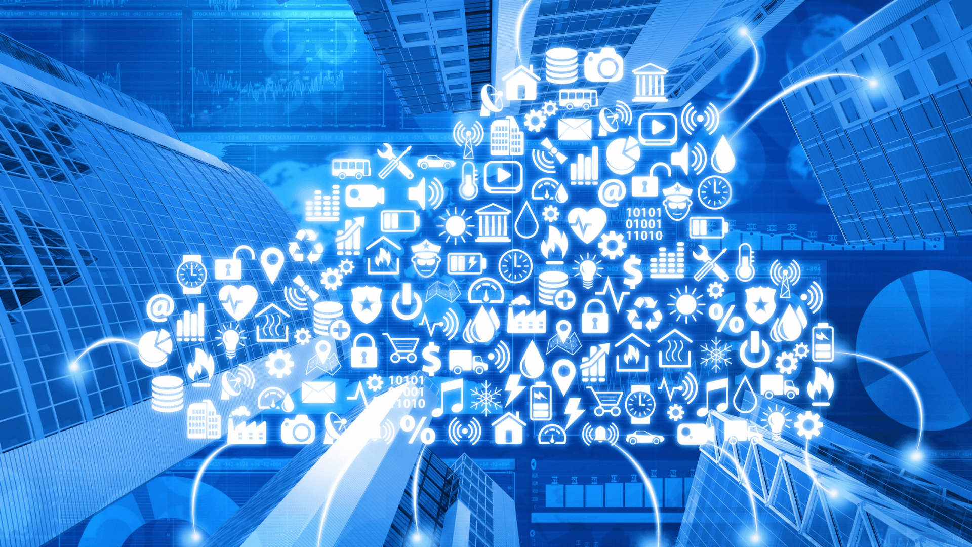 Blue digital network with cloud icons and connected app symbols over a technology background