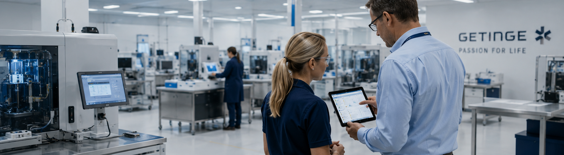 Medical lab with staff in blue scrubs reviewing equipment in a bright sterile facility.