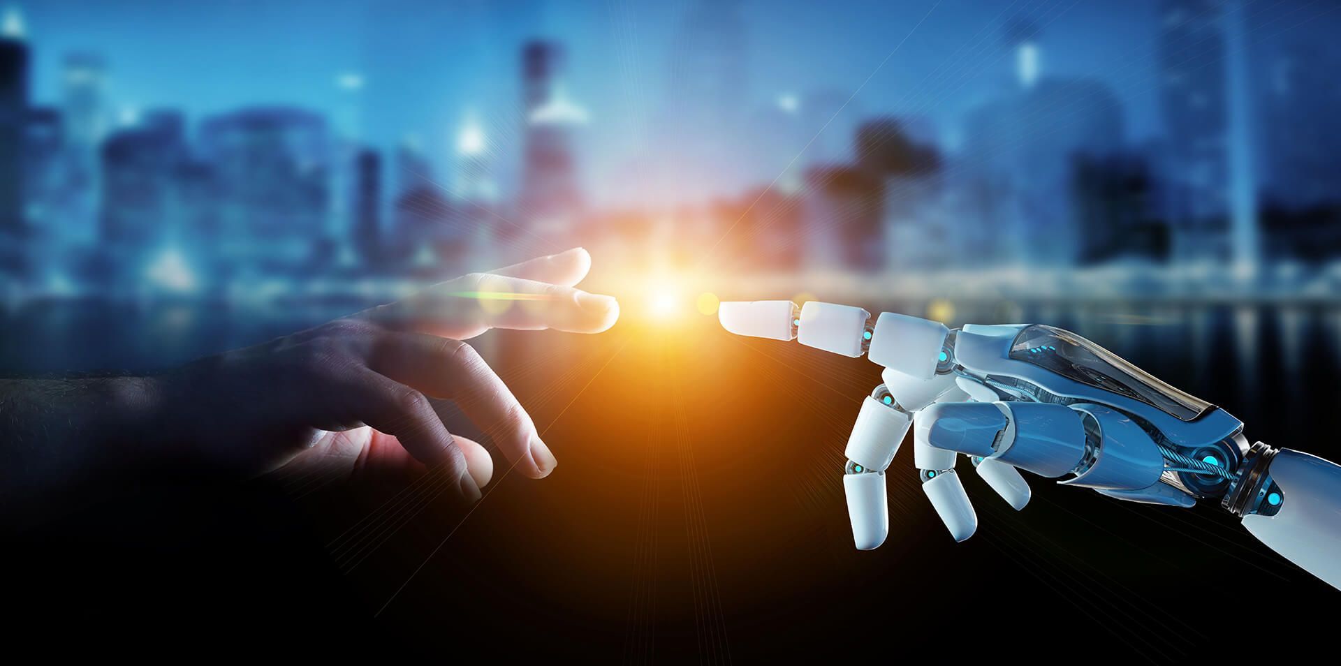 Human hand reaching toward a robotic hand with glowing light, symbolizing connection in a futuristic cityscape