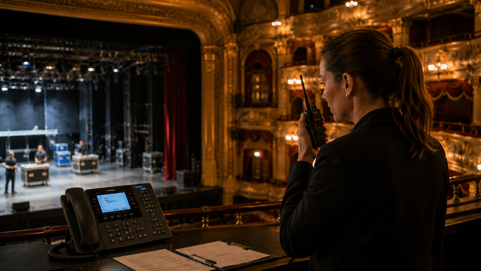 Theater technician overlooking a stage from a control booth in an ornate, gold-lit theater