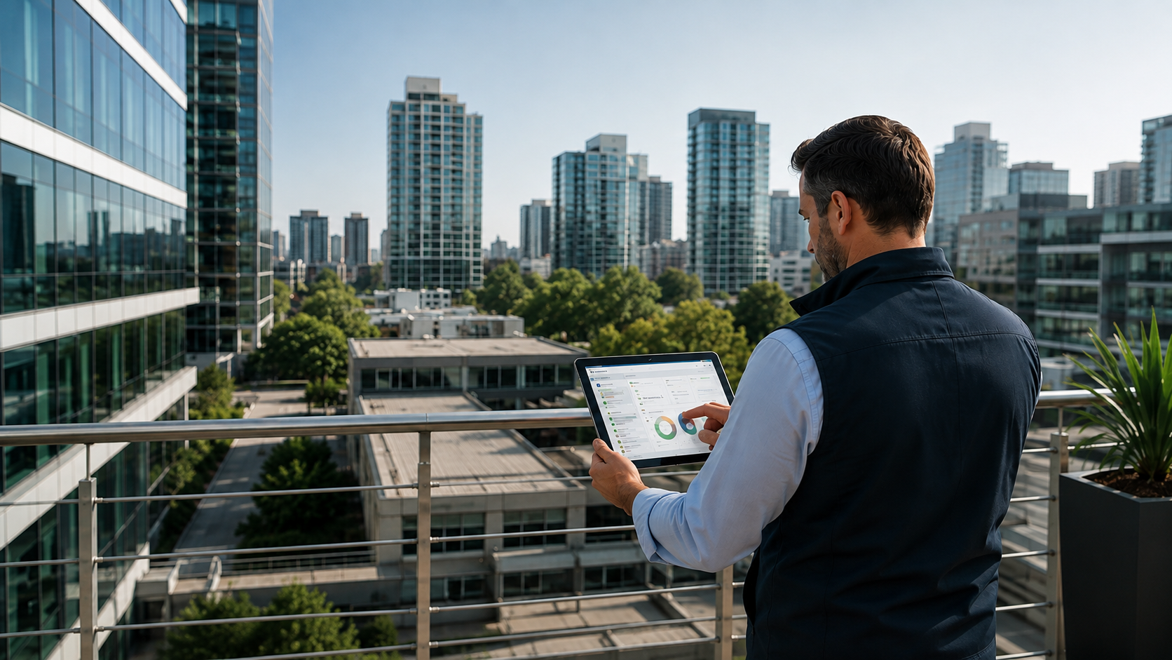 Person reading a tablet on a balcony overlooking modern city high-rises