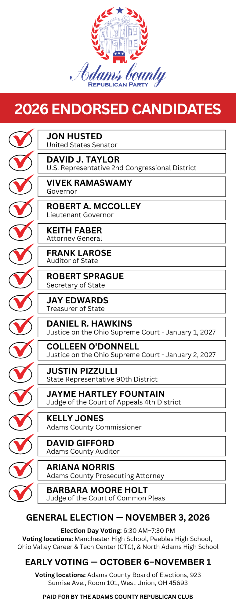 Adams County Ohio Republican Party Slate Card November 2026 General Election
