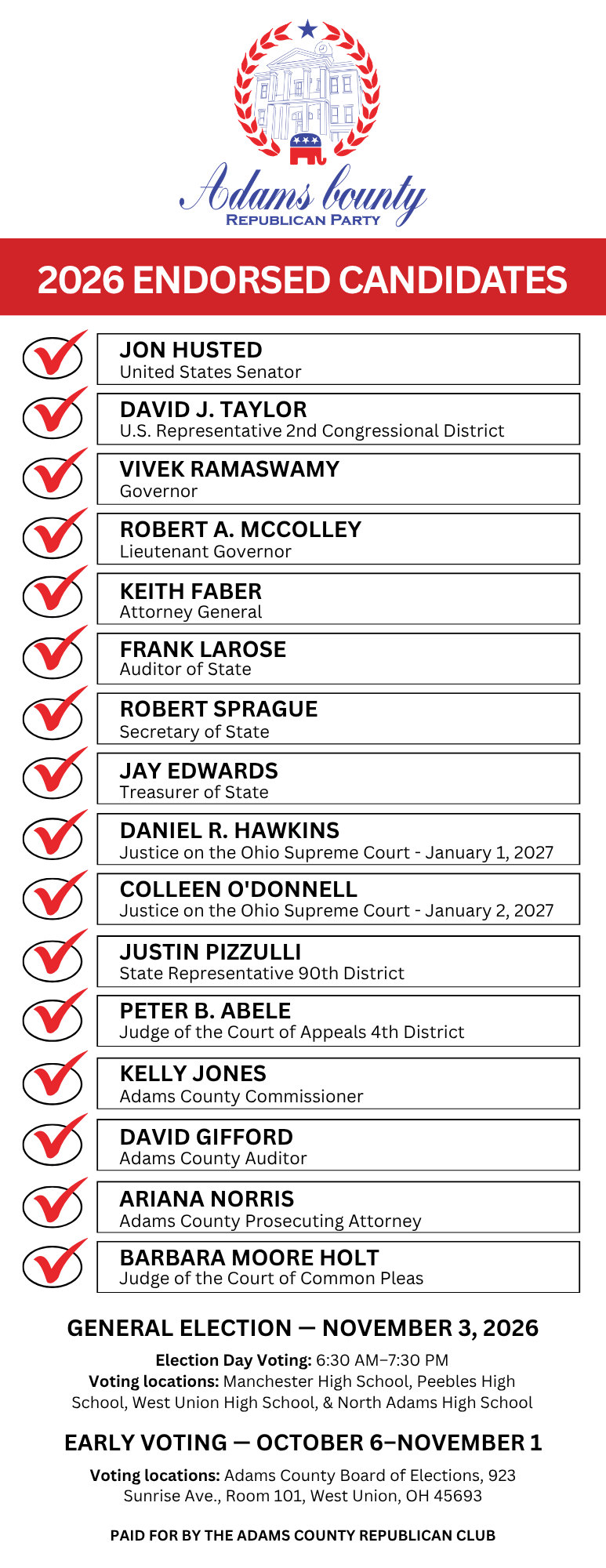 Adams County Ohio Republican Party Slate Card November 2026 General Election