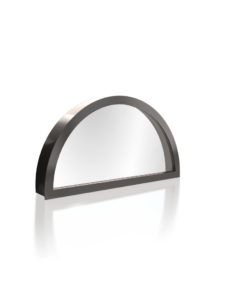 Black, semi-circular mirror with a reflective surface against a white backdrop.