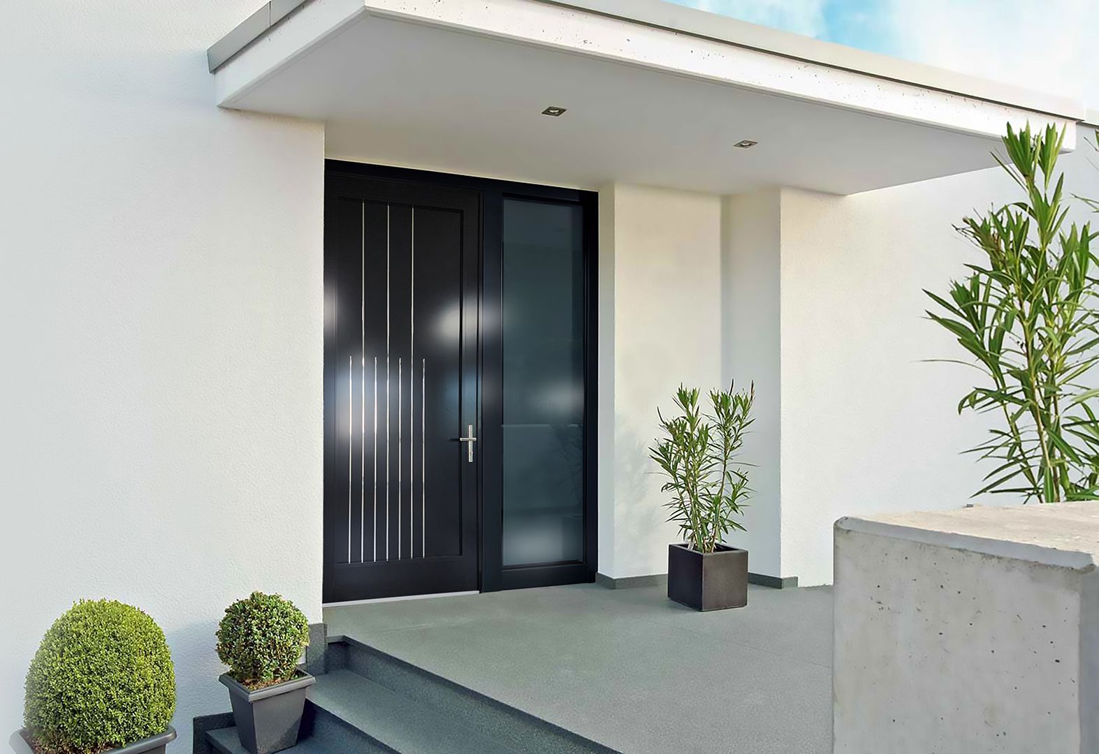 Black front door with glass panel, surrounded by white walls, potted plants on steps.