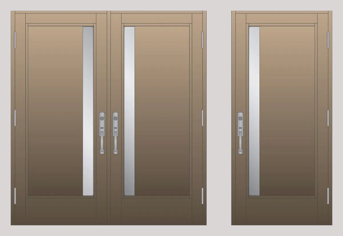 Two brown double doors with vertical glass panels, silver handles, set against a gray background.