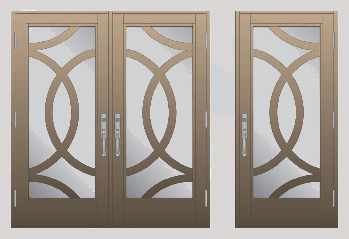 Three brown decorative doors with clear glass panels and a circular design.