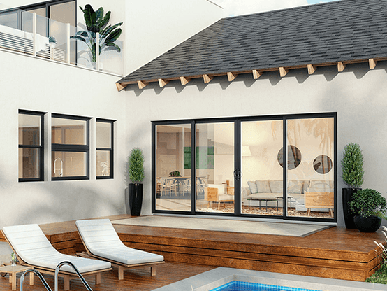 Backyard with pool, deck, and sliding glass doors leading to living room. Lounge chairs, potted plants.