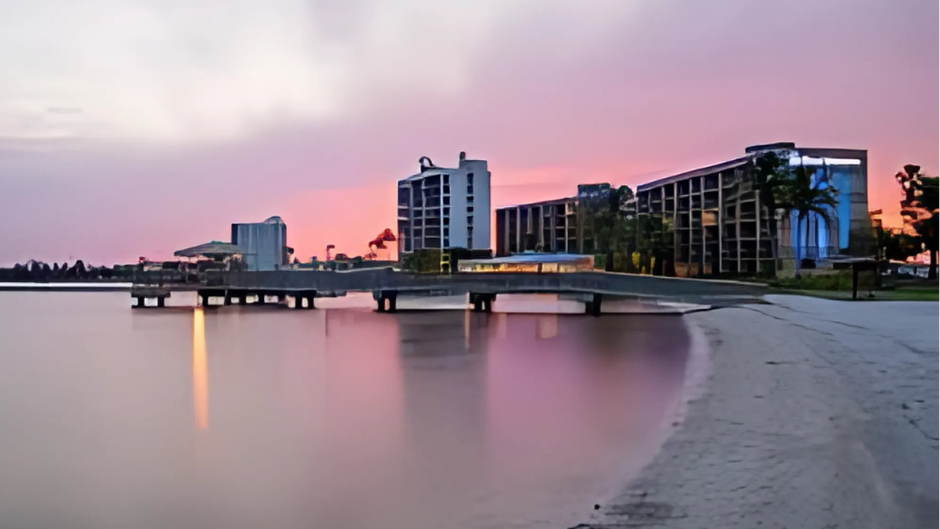 Sunset over waterfront hotel and pier, reflected in calm water.