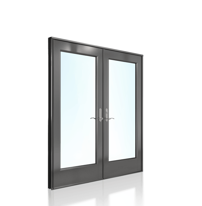 Double doors with glass panels, dark frames and handles, isolated on white background.