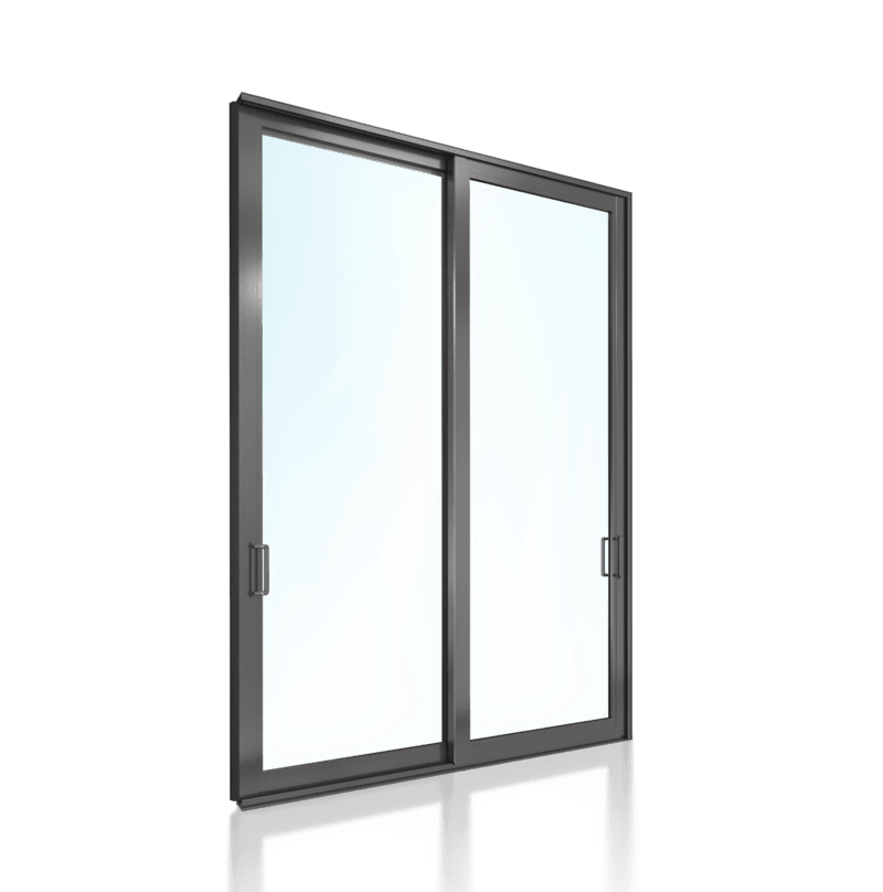 Sliding glass door with a dark gray frame on a white background.
