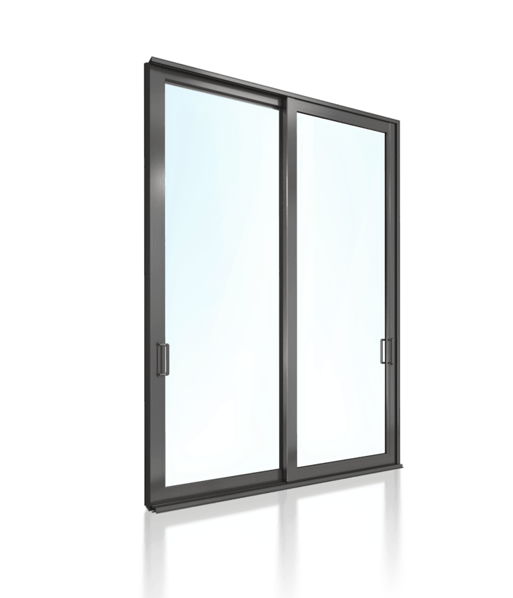 Two-panel sliding glass door with dark gray frame.
