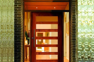 Wooden pivot front door with glass panels