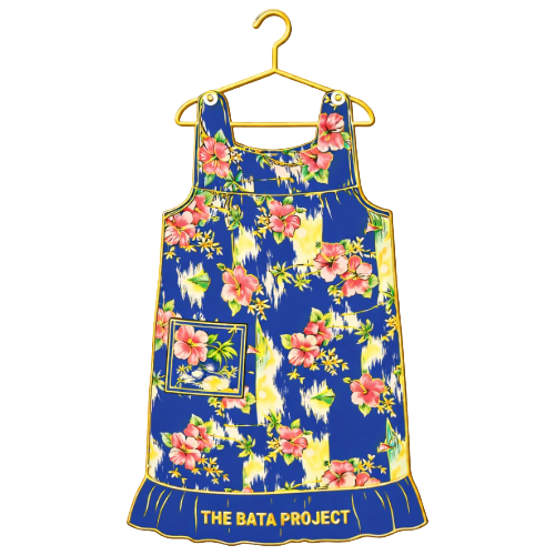 Blue floral sleeveless dress with yellow hanger and The Bata Project text on hem