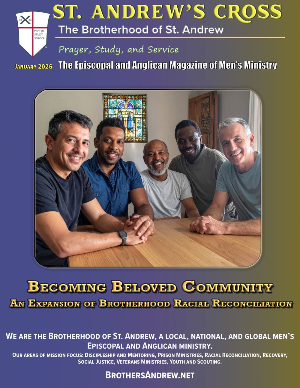 Brochure cover: Men serving