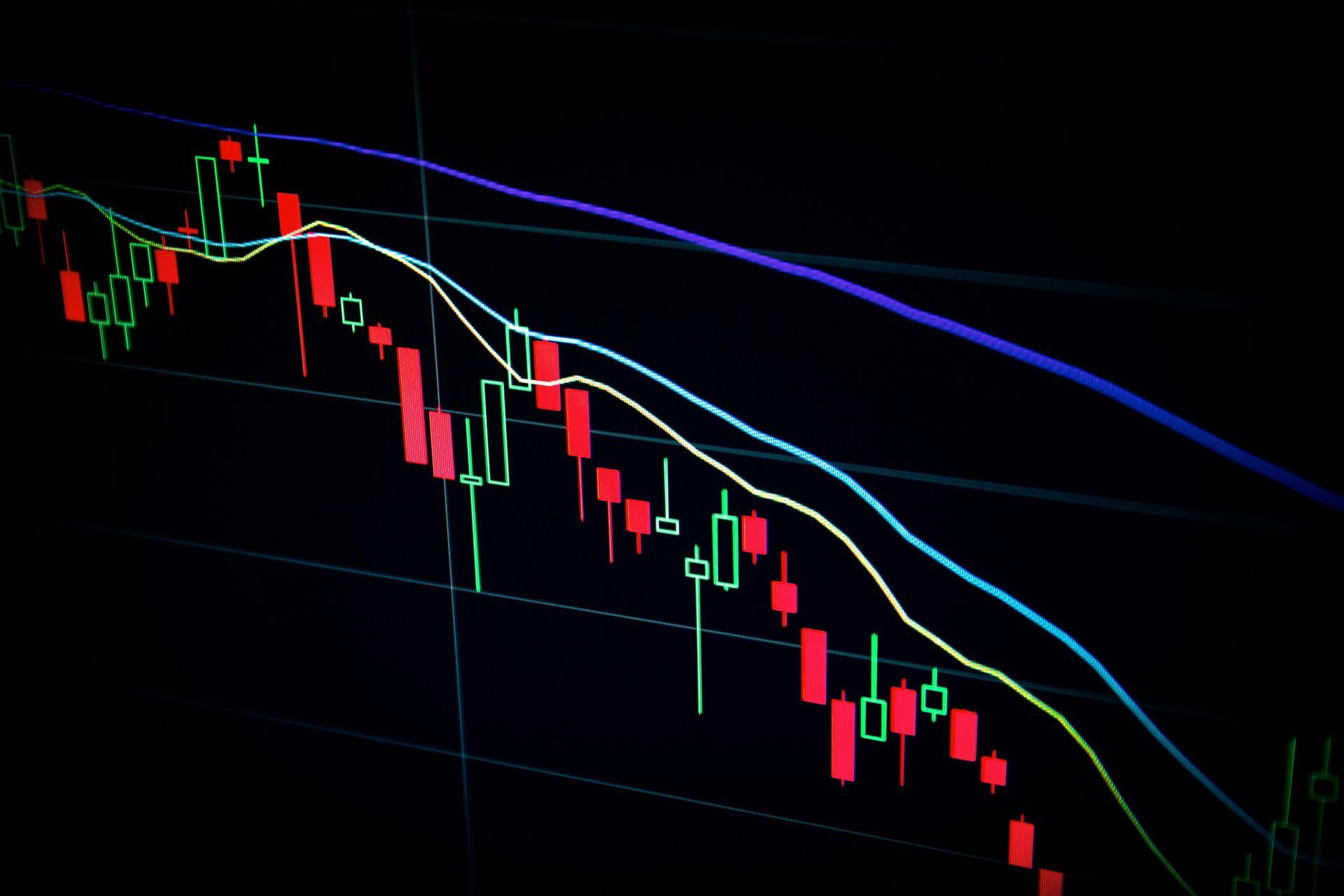 Trader analyzing losing trades on multiple screens with red candlestick charts