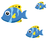 Three blue cartoon fish with yellow fins on a white background.