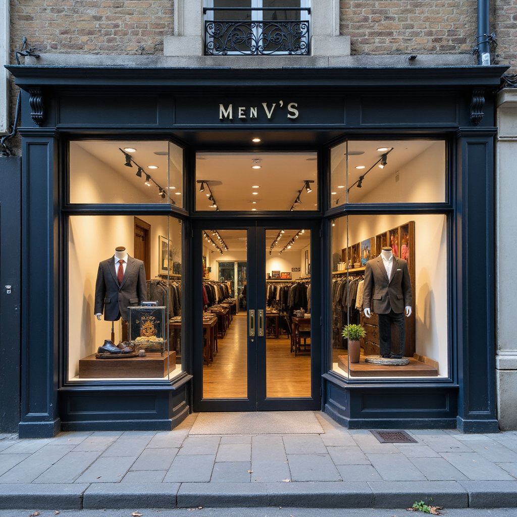 Men's clothing store with dark blue facade. Suits displayed in window, interior visible through glass doors.