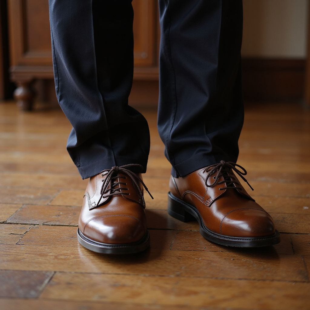 Brown leather dress shoes and navy trousers on a wooden floor.