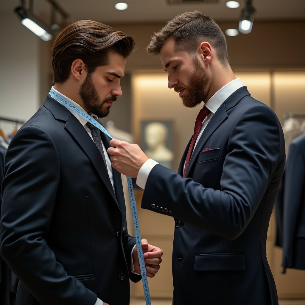 A tailor measuring a client's neck with a measuring tape in a clothing store.