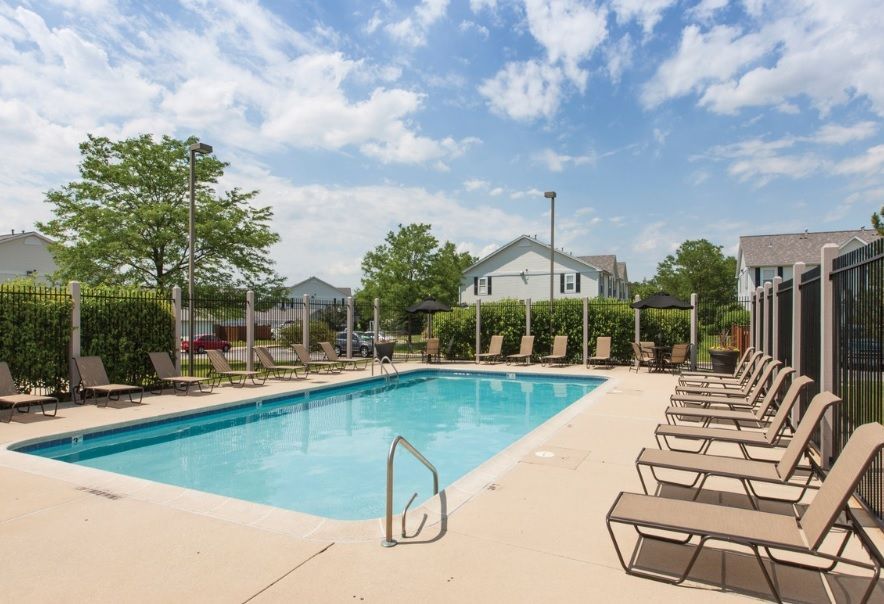 a large swimming pool surrounded by chairs and umbrellas on a sunny day .
