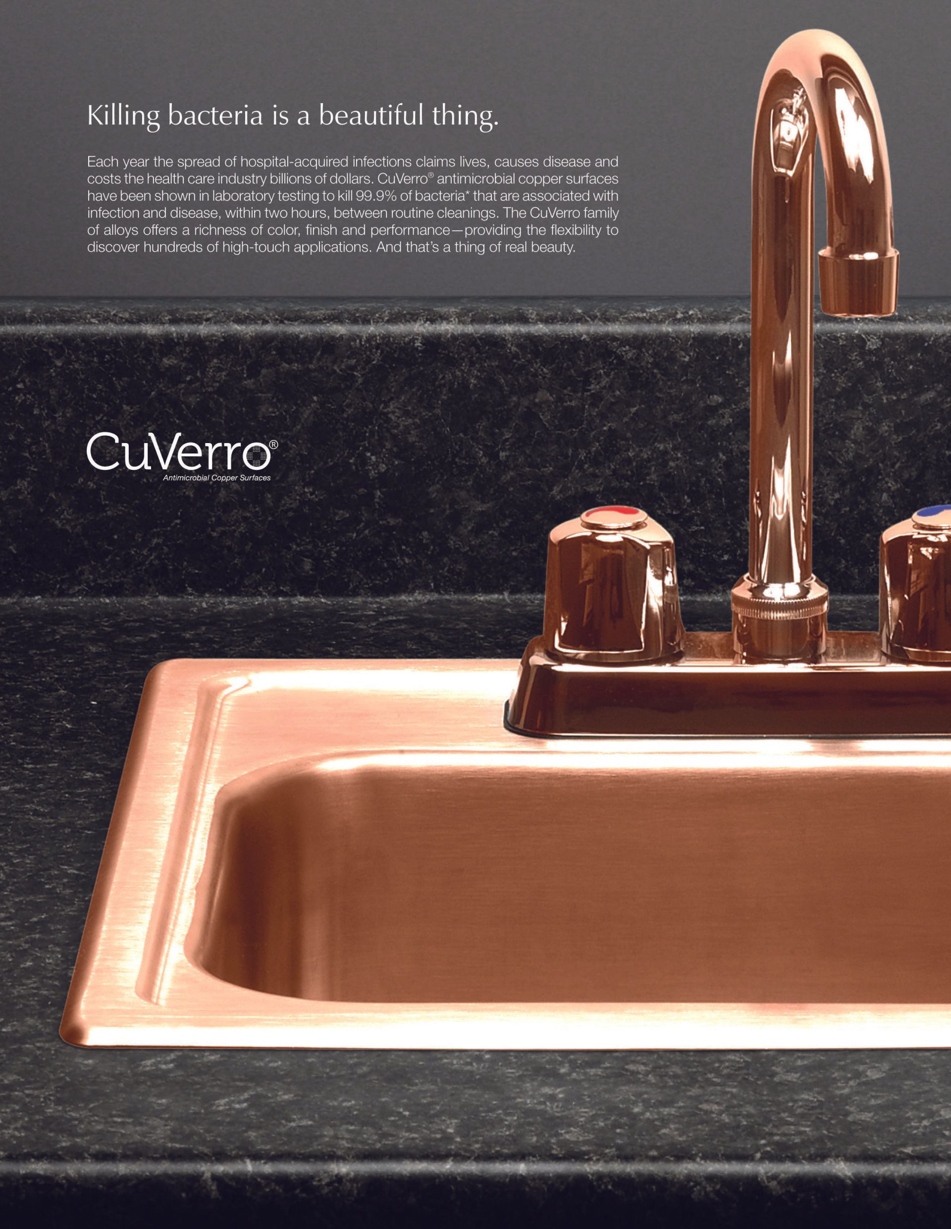A copper sink with a copper faucet on a counter.