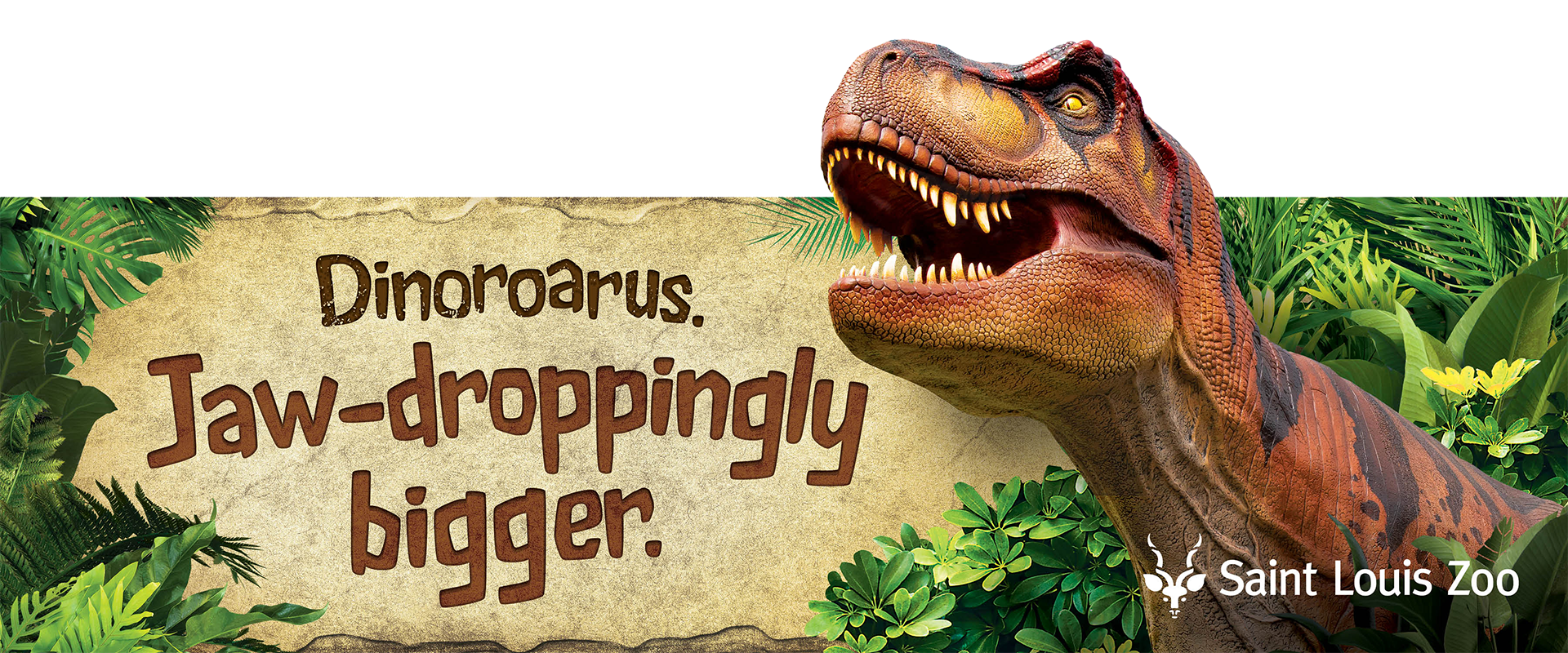 A dinosaur is standing next to a sign that says ' dinosaurus jaw-droppingly bigger '
