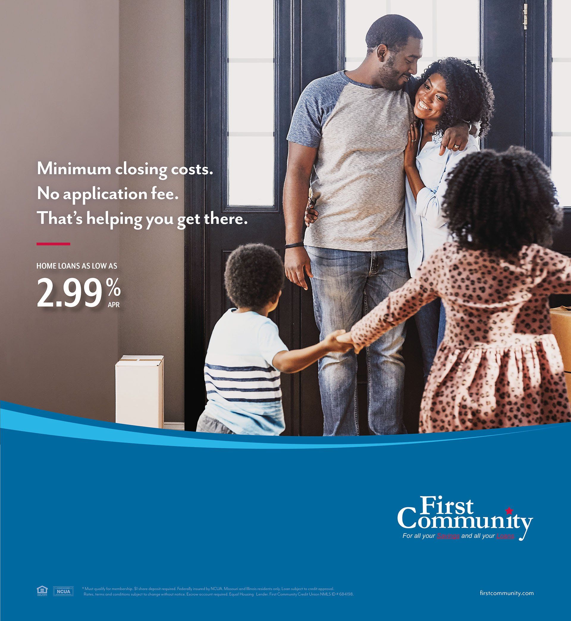 A family is standing in front of a door holding hands.