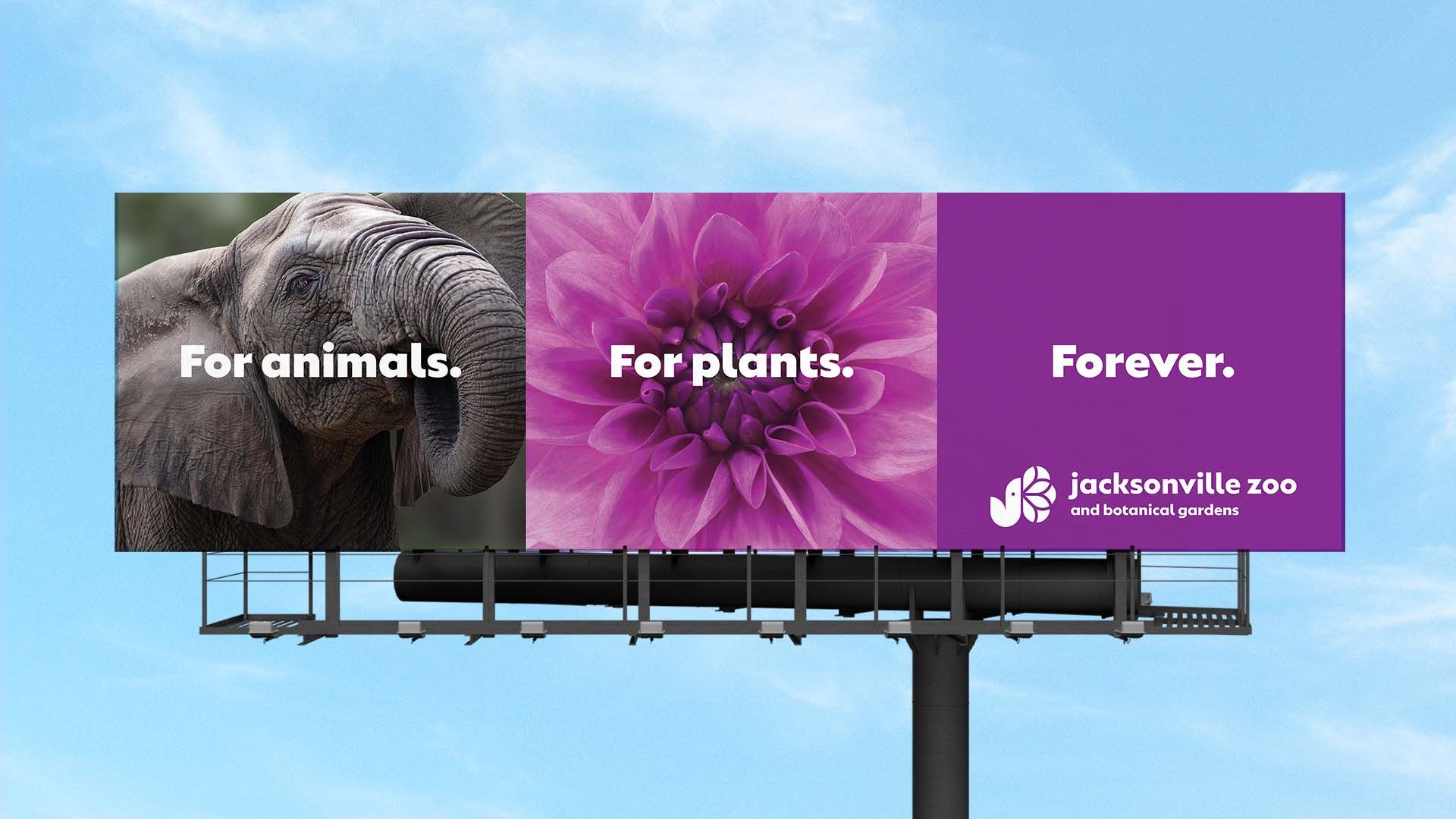 Billboard with eagle, flower, and purple panels reading “For animals,” “For plants,” and “Forever.”