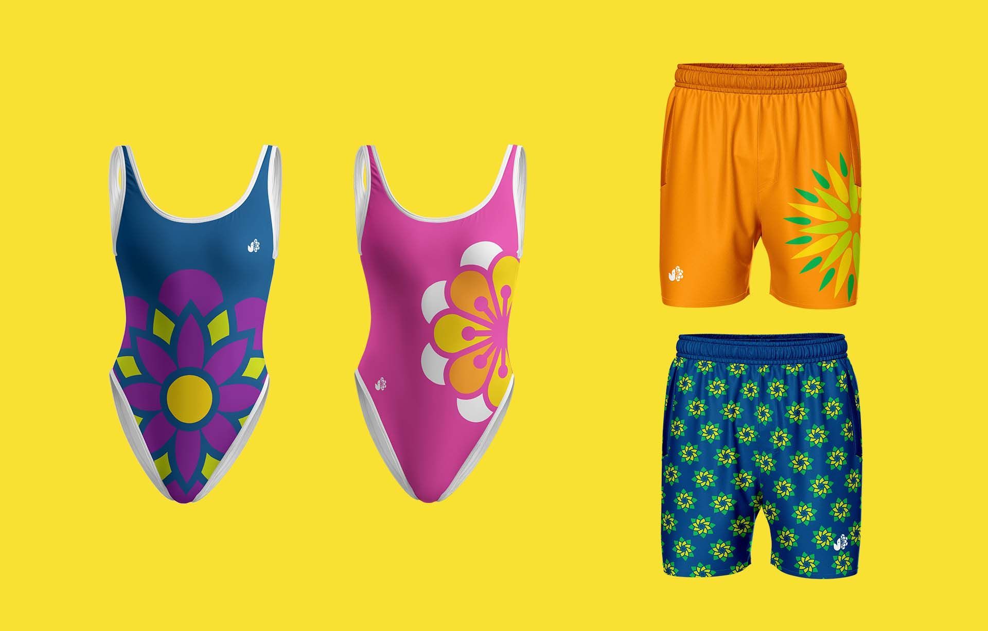 Colorful swimwear set: two one-piece suits and two pairs of boys’ swim trunks on a yellow background