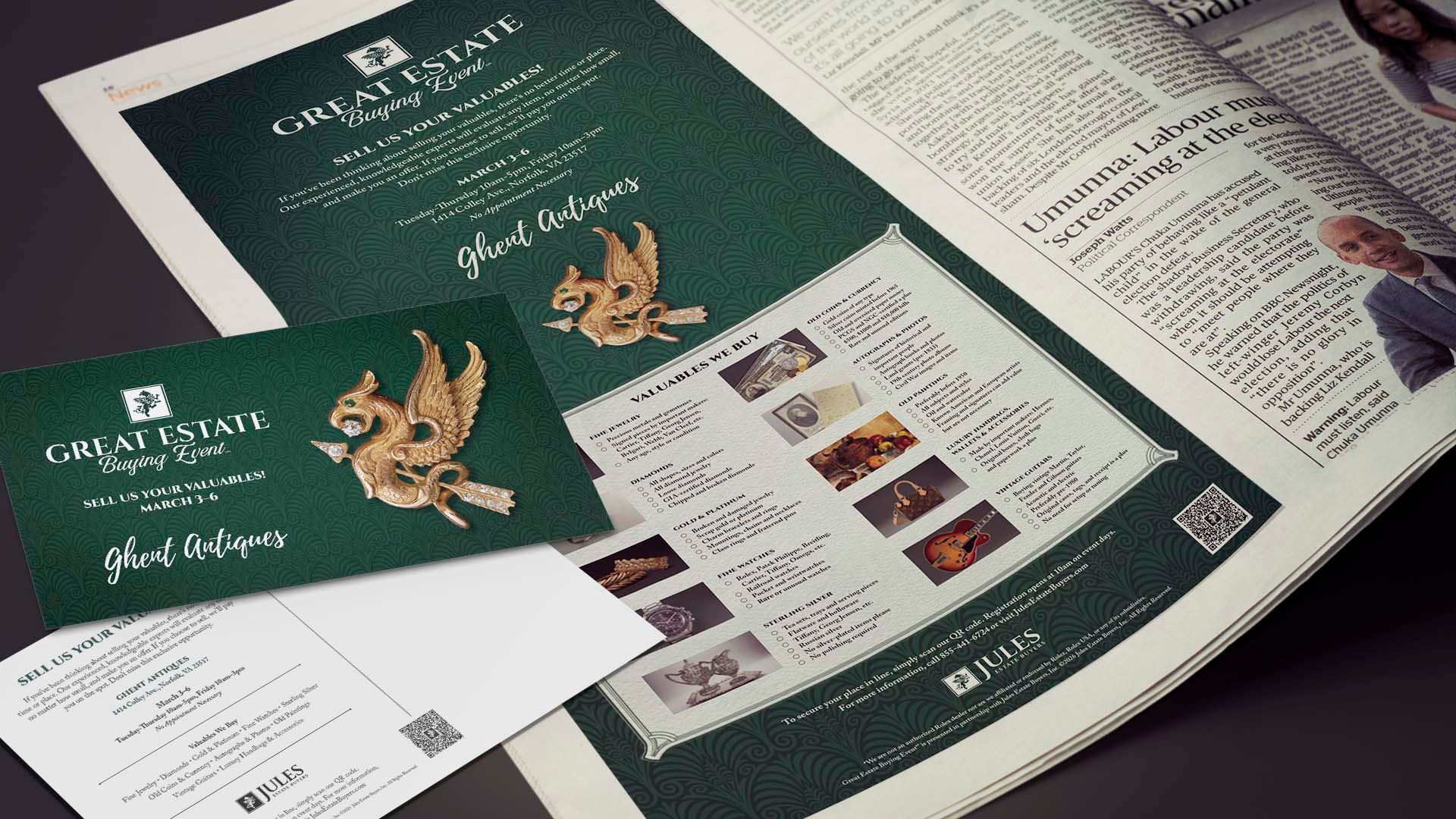 Green-and-white print ad suite with gold floral accents and matching inserts spread on a table