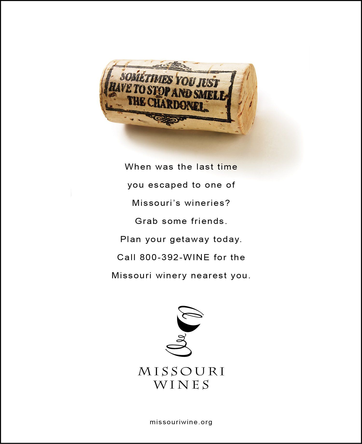 An advertisement for missouri wines with a cork on it