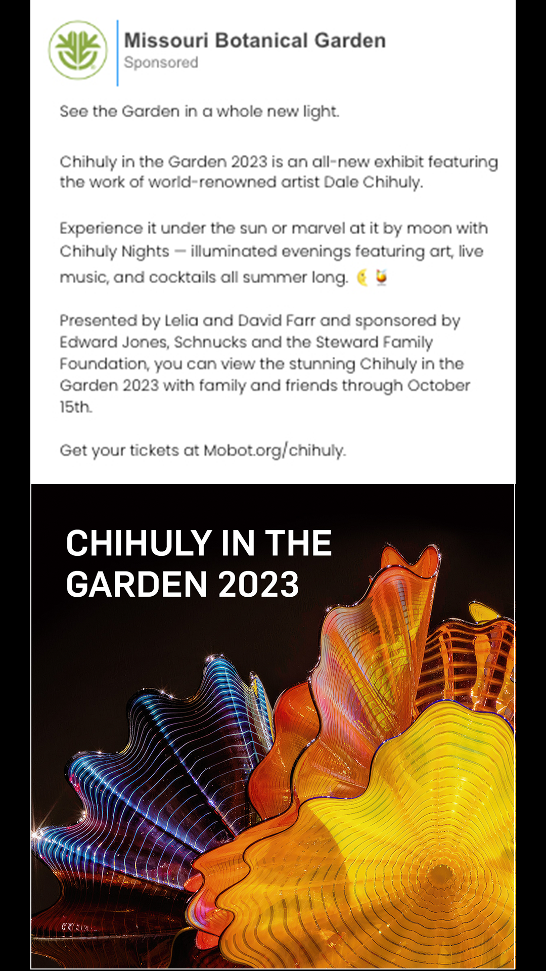 A poster for chihuly in the garden 2023 at Missouri Botanical Garden.