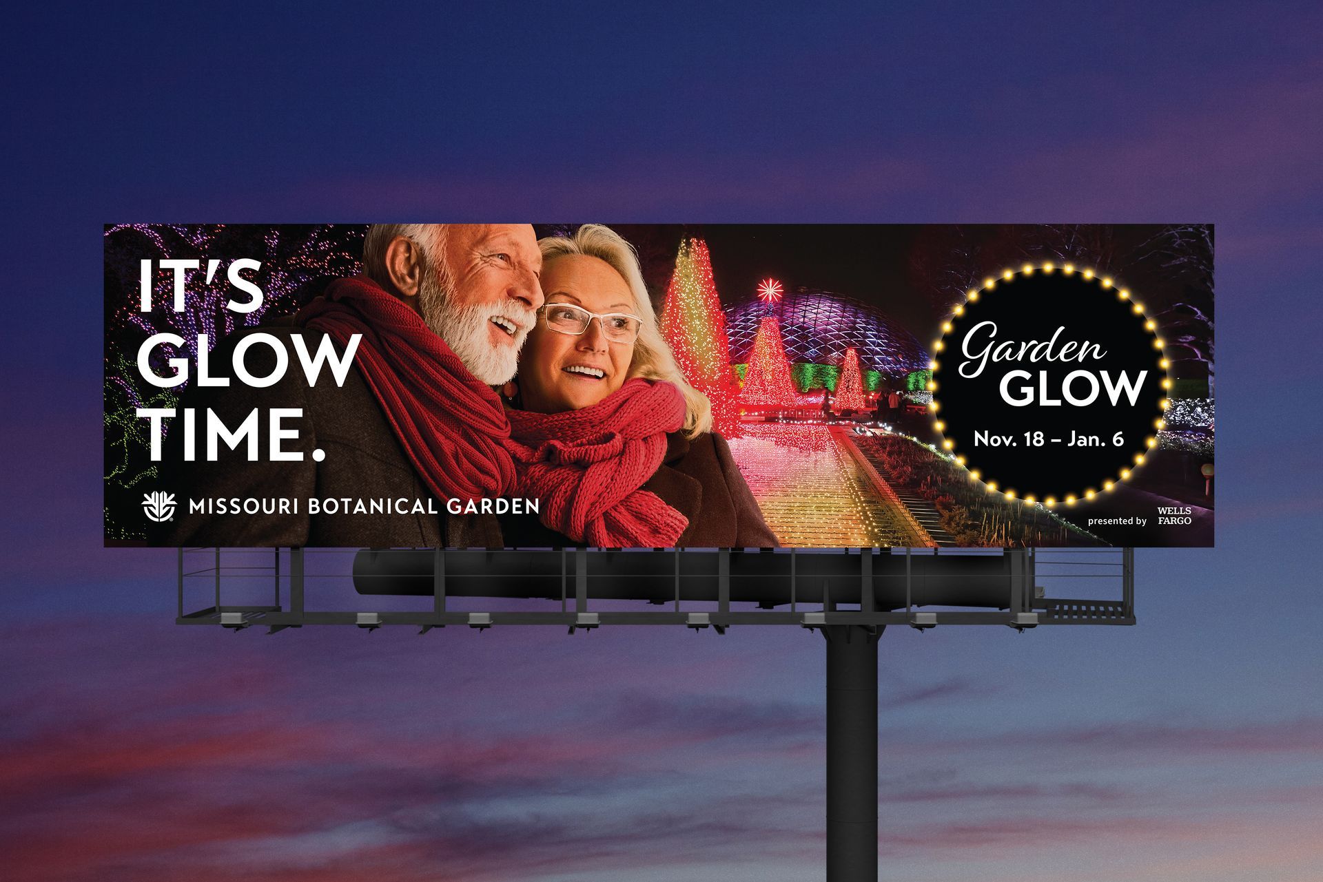 A billboard with a man and woman on it that says `` it 's glow time ''.