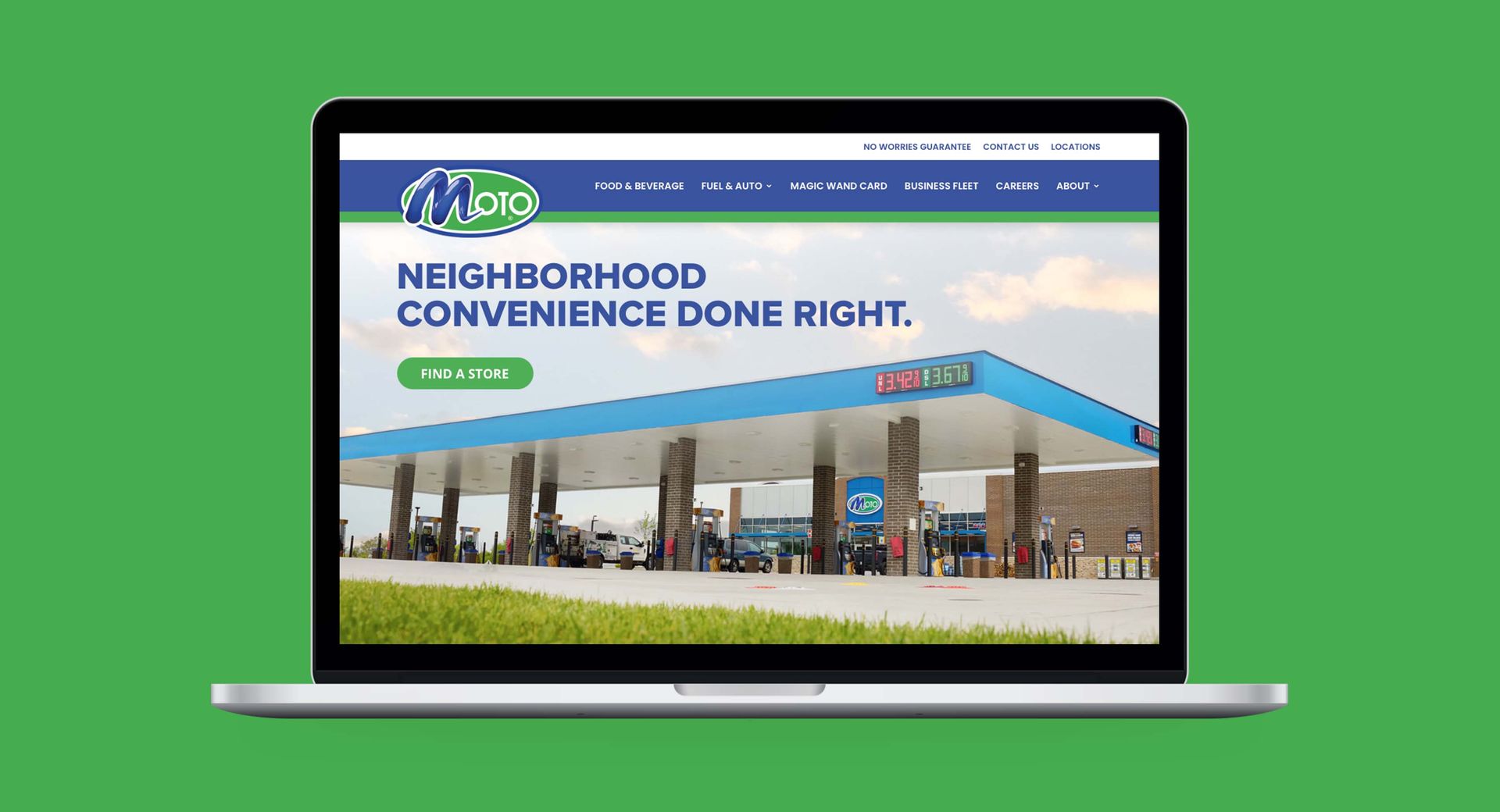 Laptop displaying a website for a neighborhood convenience store with a gas station and blue awning