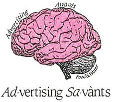 A drawing of a pink brain with the words `` advertising savants '' below it.
